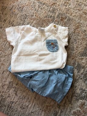 Starting Out White Tee with Light Blue Fish Pocket & Light Blue Shorts